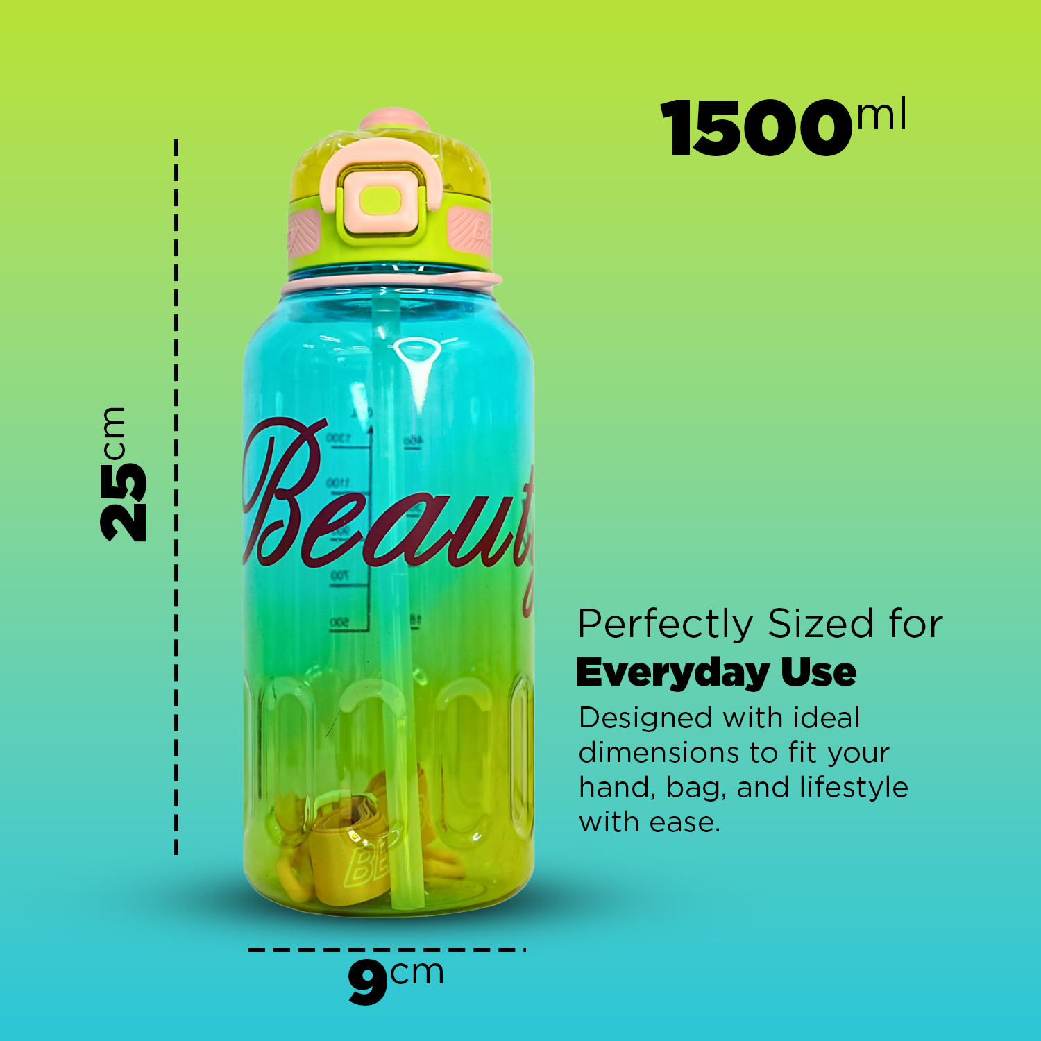 Stylish Beauty 1500ml Water Bottle – Motivational Markings, Straw, & Shoulder Strap for Active Lifestyles Green - Image 8
