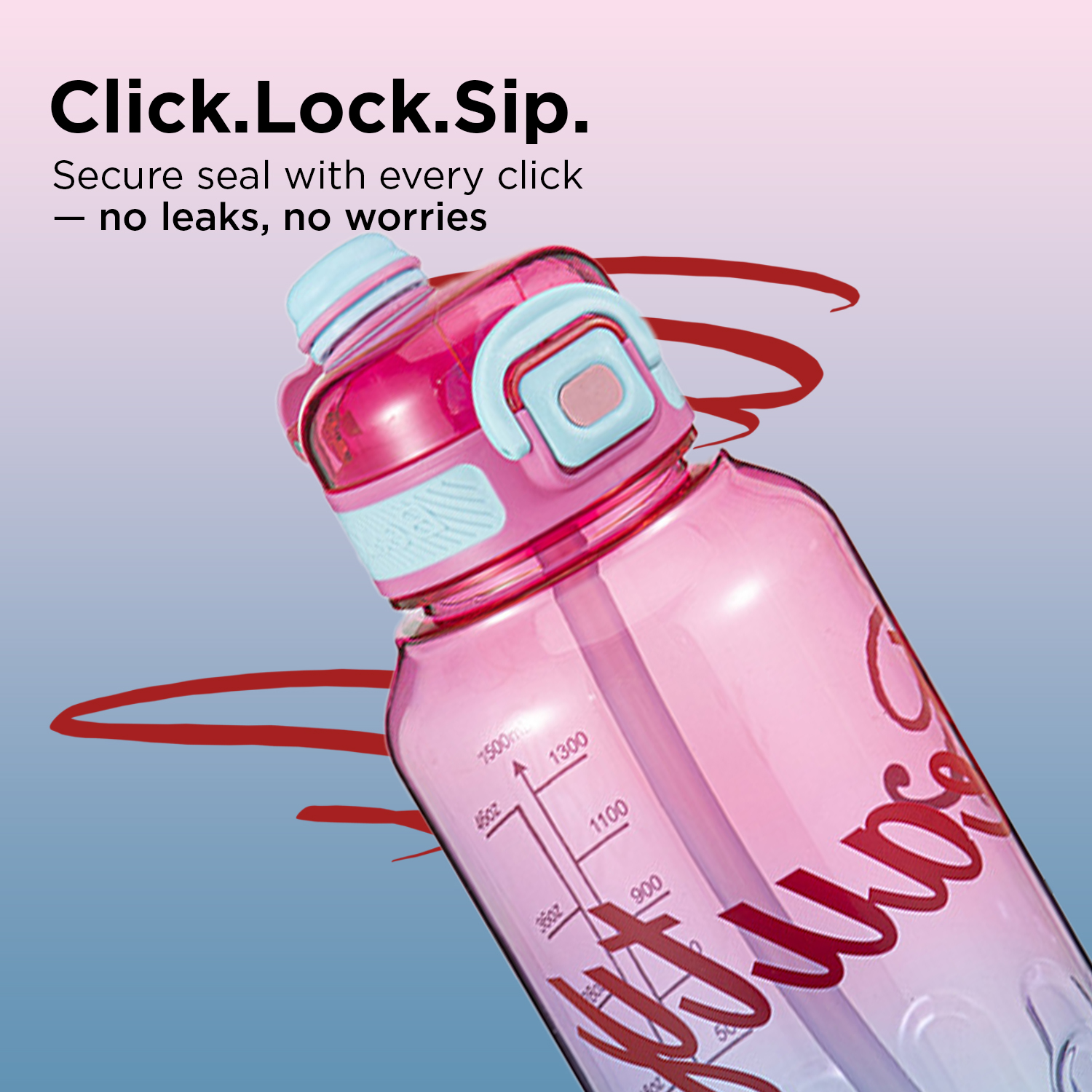 Stylish Beauty 1500ml Water Bottle – Motivational Markings, Straw, & Shoulder Strap for Active Lifestyles Pink - Image 2