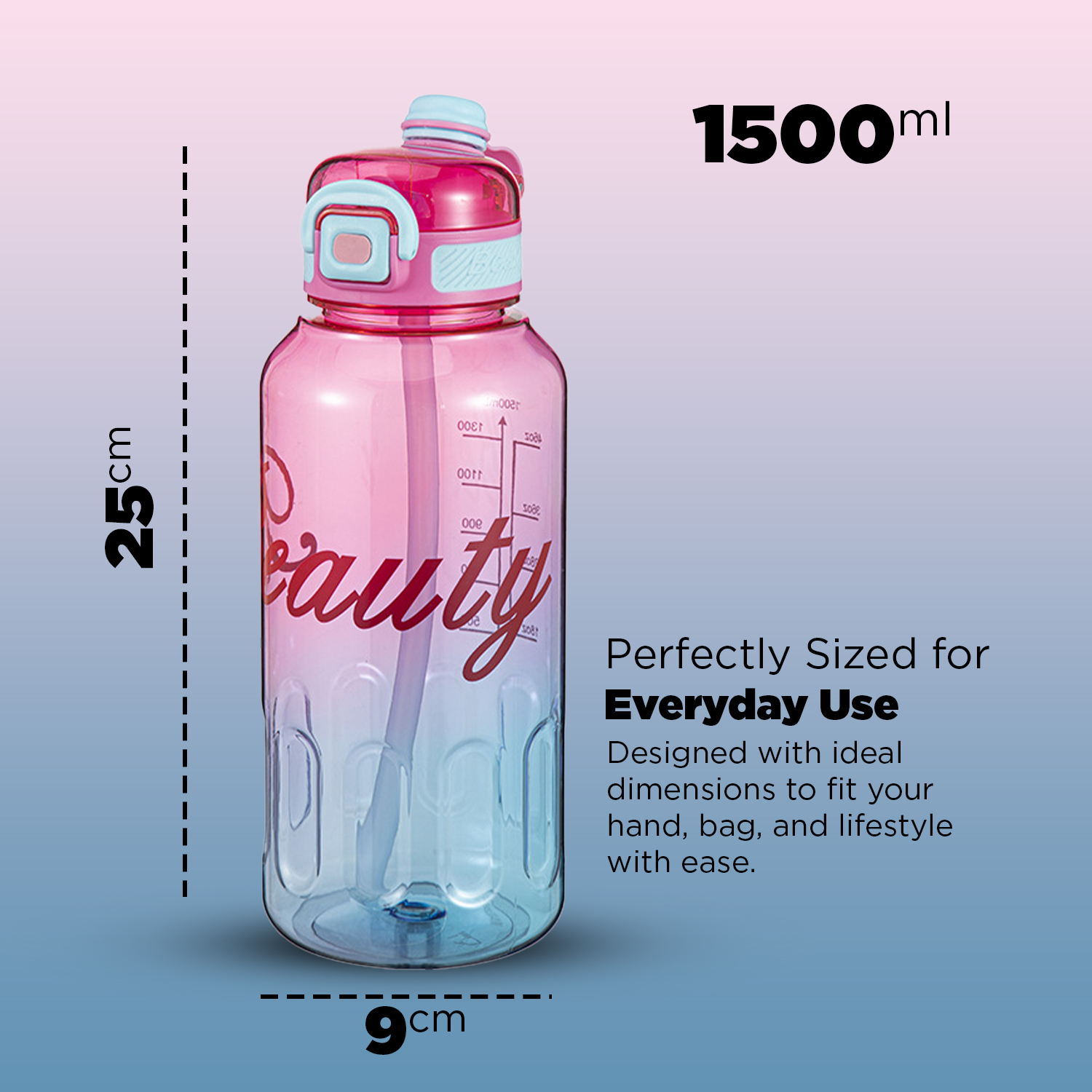 Stylish Beauty 1500ml Water Bottle – Motivational Markings, Straw, & Shoulder Strap for Active Lifestyles Pink - Image 7