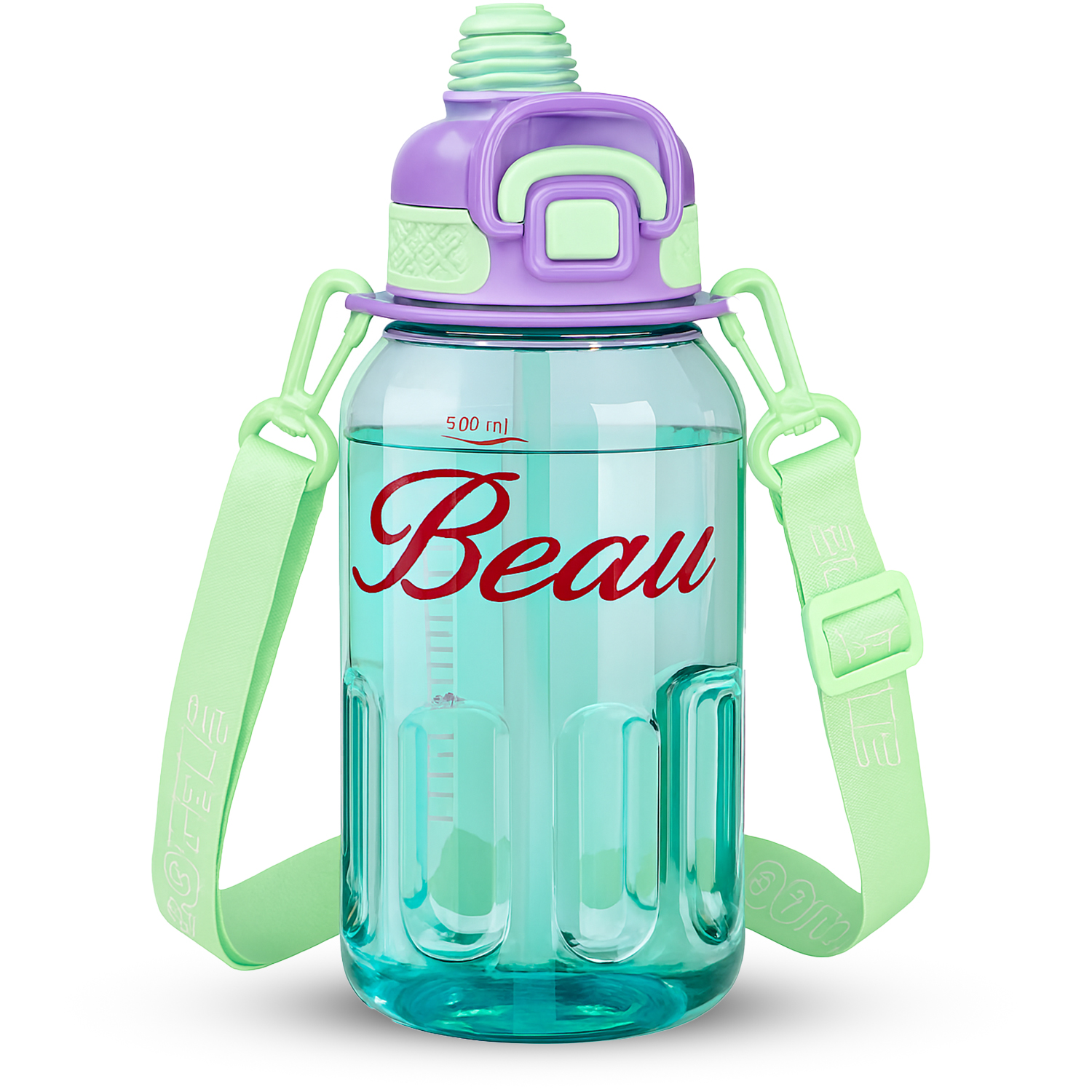 Stylish Beauty 1500ml Water Bottle – Motivational Markings, Straw, & Shoulder Strap for Active Lifestyles Purple