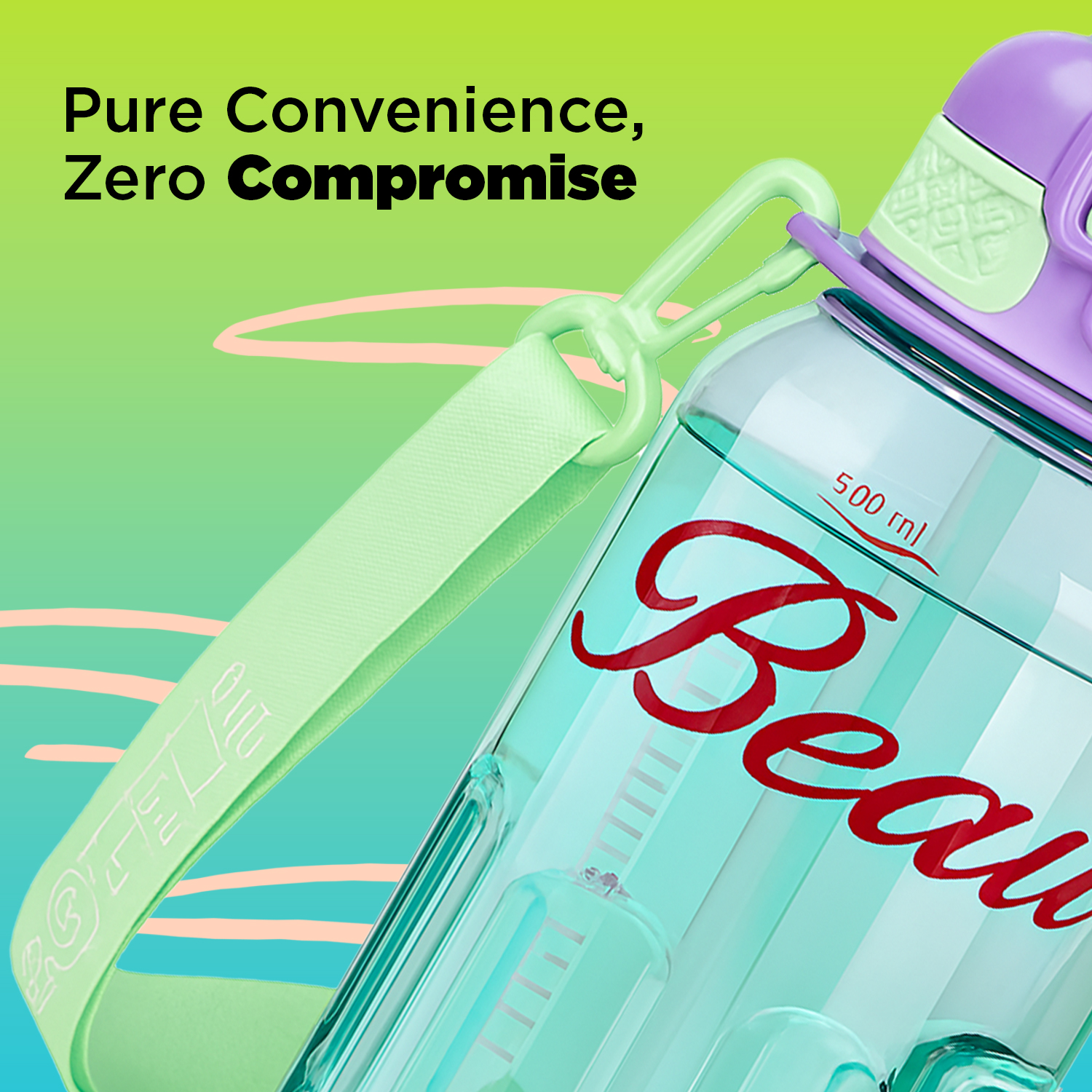 Stylish Beauty 1500ml Water Bottle – Motivational Markings, Straw, & Shoulder Strap for Active Lifestyles Purple - Image 5