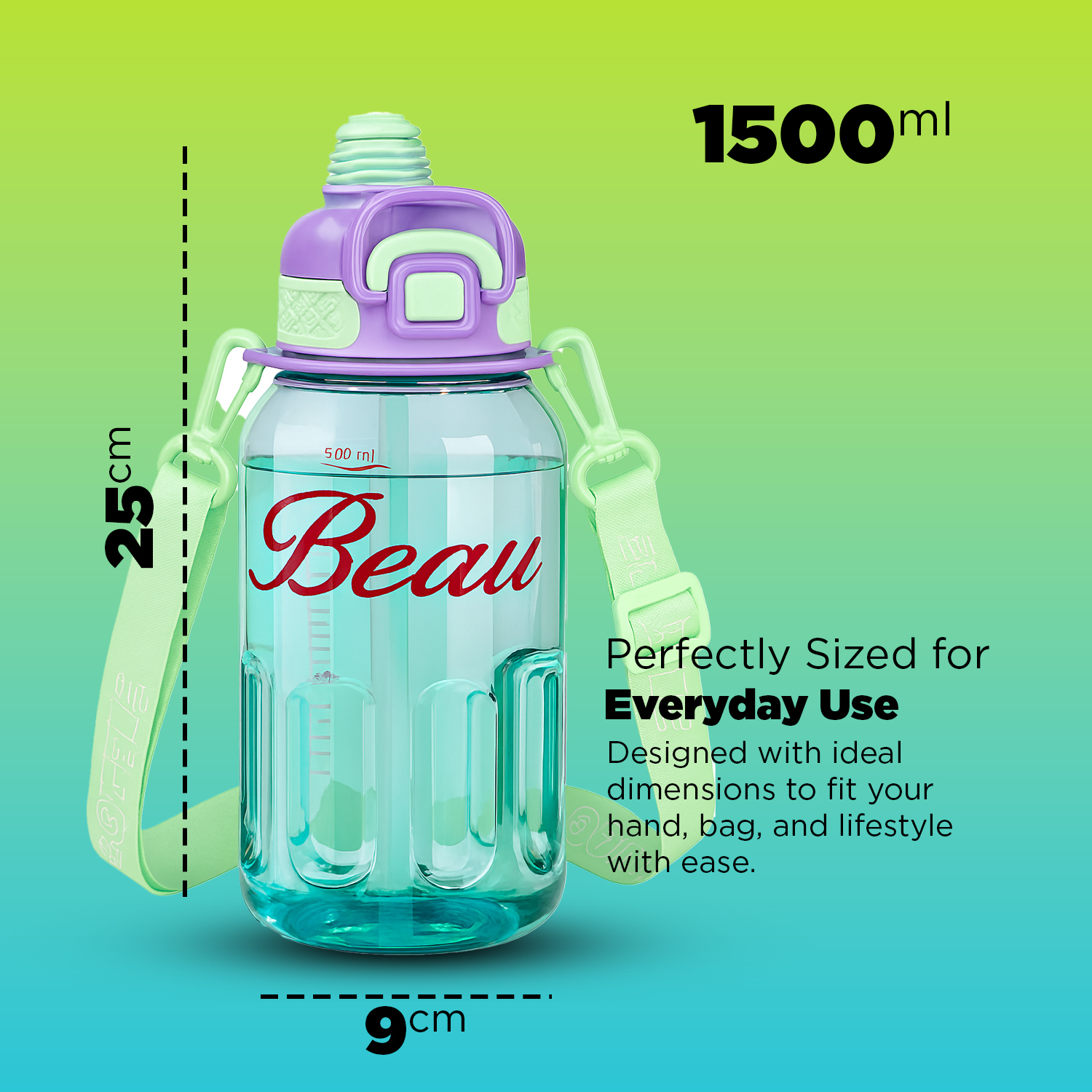 Stylish Beauty 1500ml Water Bottle – Motivational Markings, Straw, & Shoulder Strap for Active Lifestyles Purple - Image 7