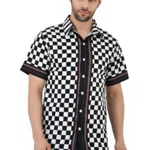 Cotton Blend Solid Shirt with Spread Collared Half Sleeve Black & White Shirt