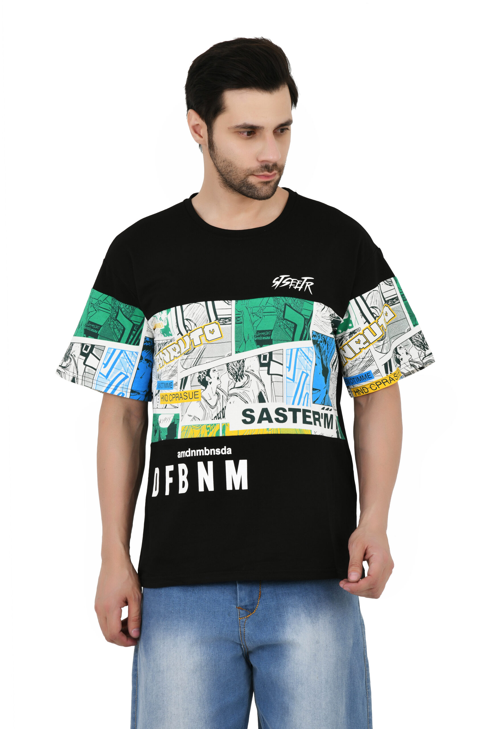 Man Cotton Blend Graphic Print Round Neck Half Sleeve Drop Shoulder Oversized T Shirt - Image 16