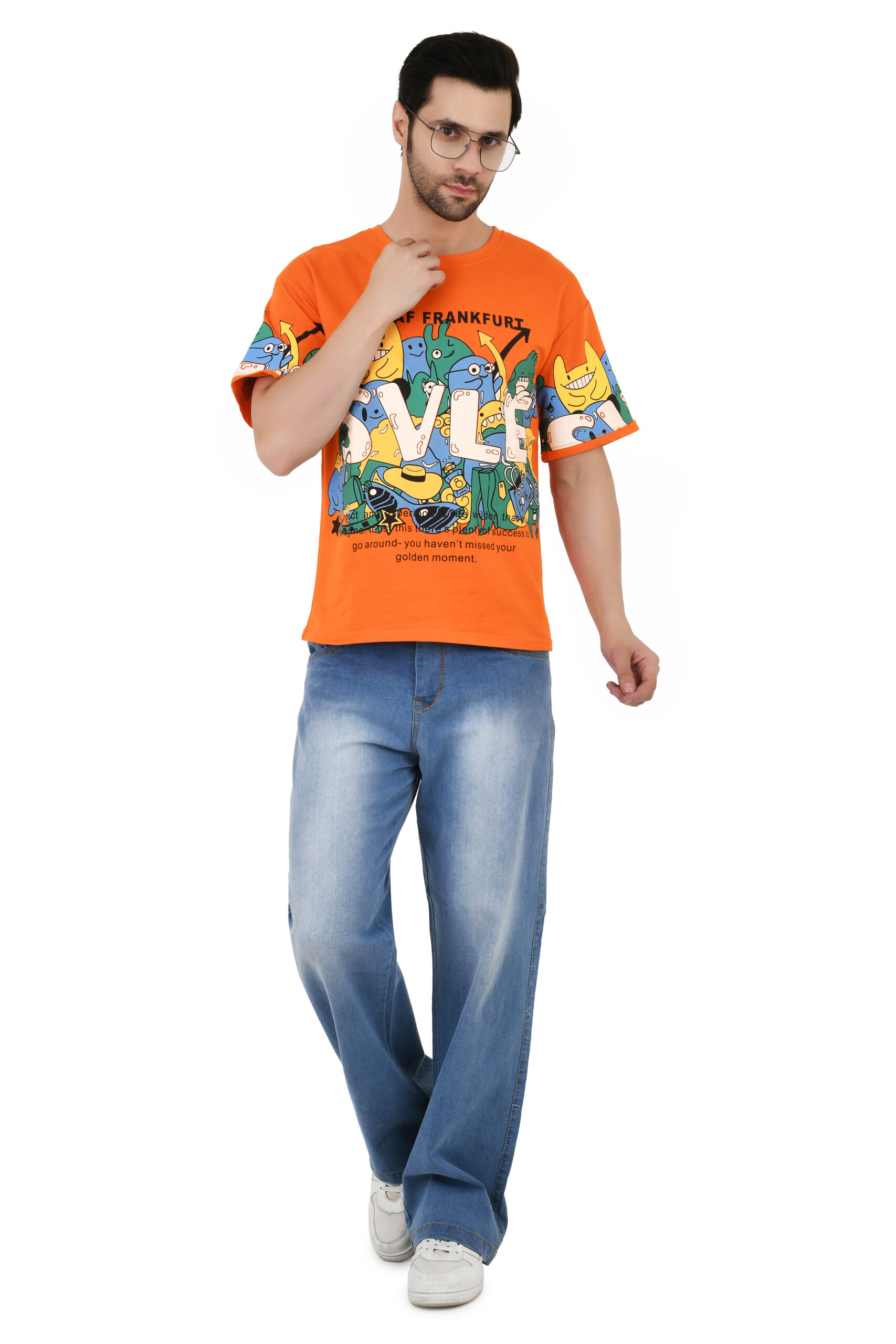 Man Cotton Blend Graphic Print Round Neck Half Sleeve Drop Shoulder Oversized T Shirt - Image 9