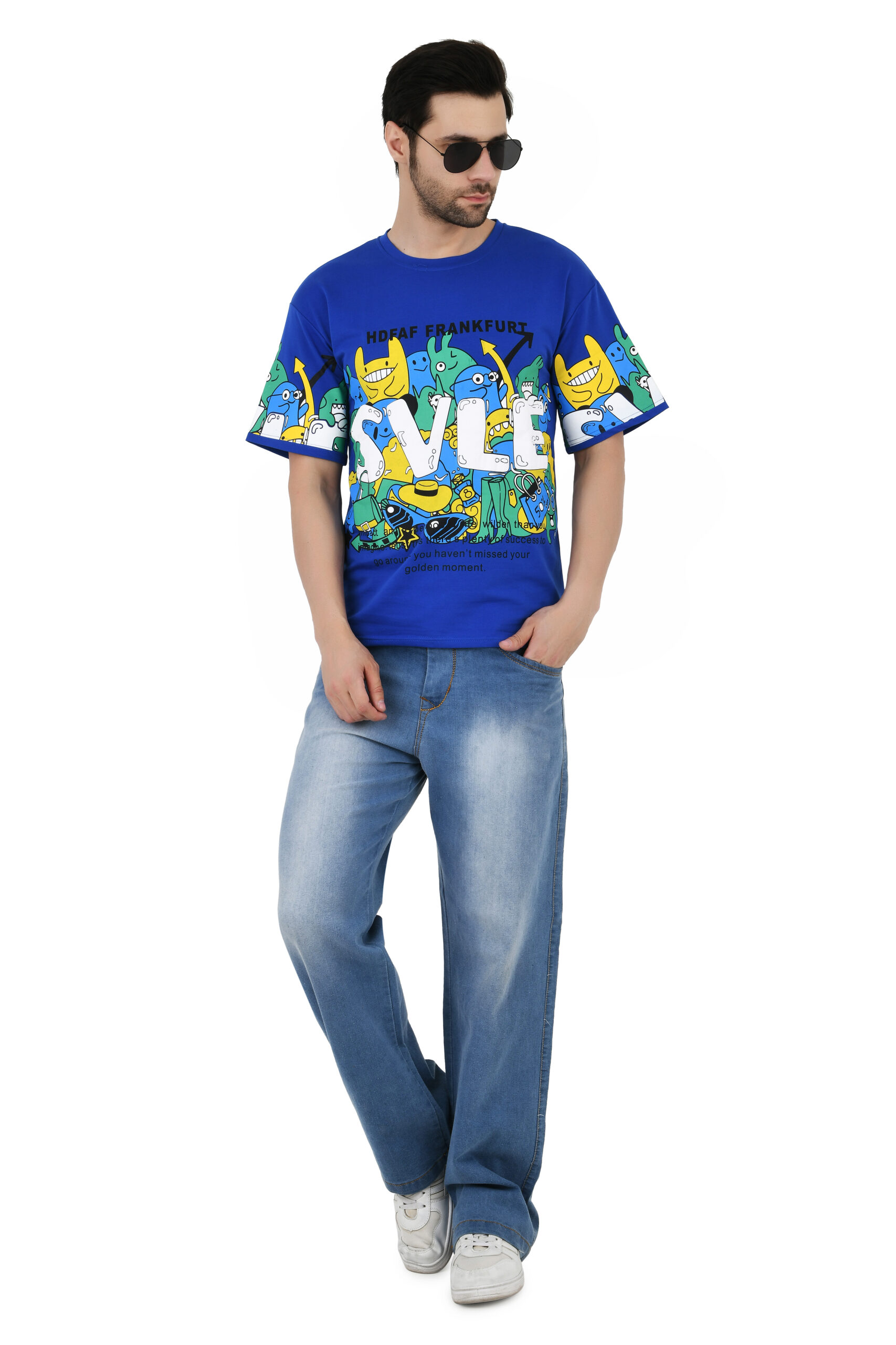 Man Cotton Blend Graphic Print Round Neck Half Sleeve Drop Shoulder Oversized T Shirt - Image 5