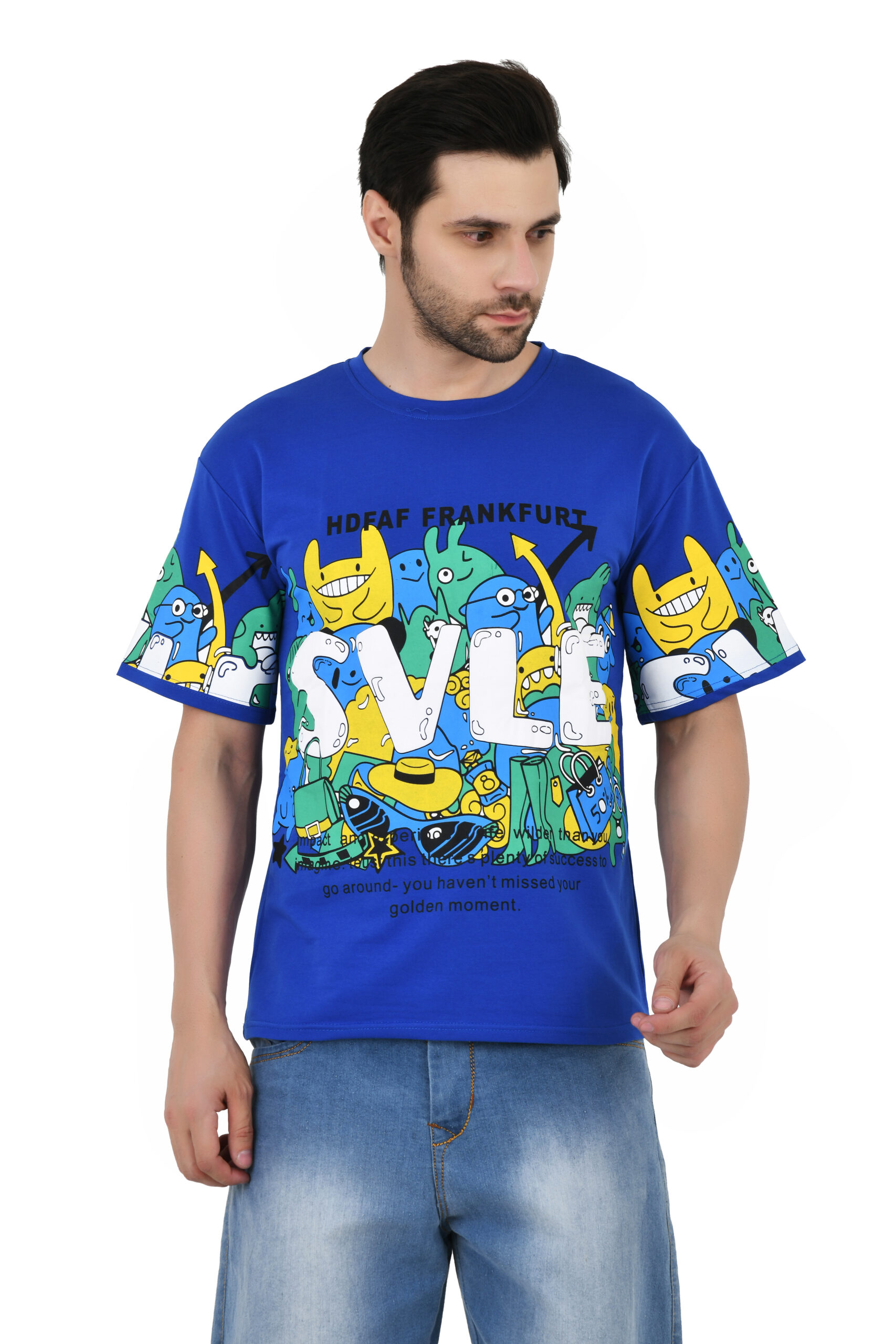 Man Cotton Blend Graphic Print Round Neck Half Sleeve Drop Shoulder Oversized T Shirt - Image 6