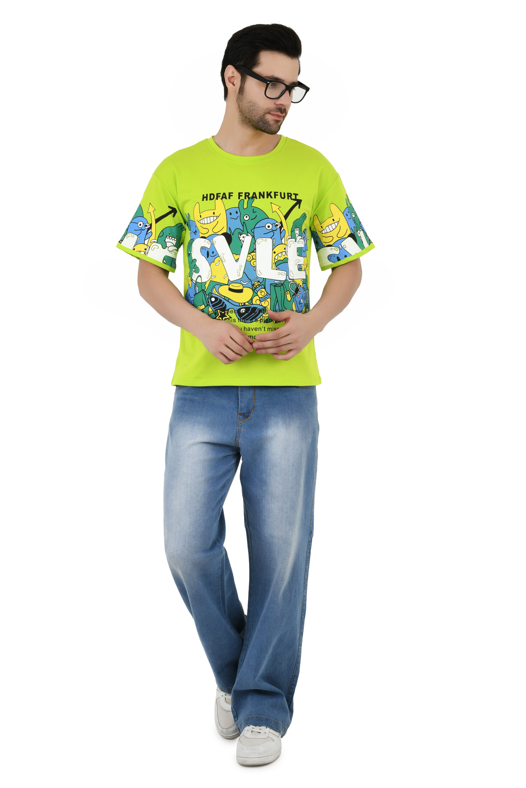 Man Cotton Blend Graphic Print Round Neck Half Sleeve Drop Shoulder Oversized T Shirt - Image 2