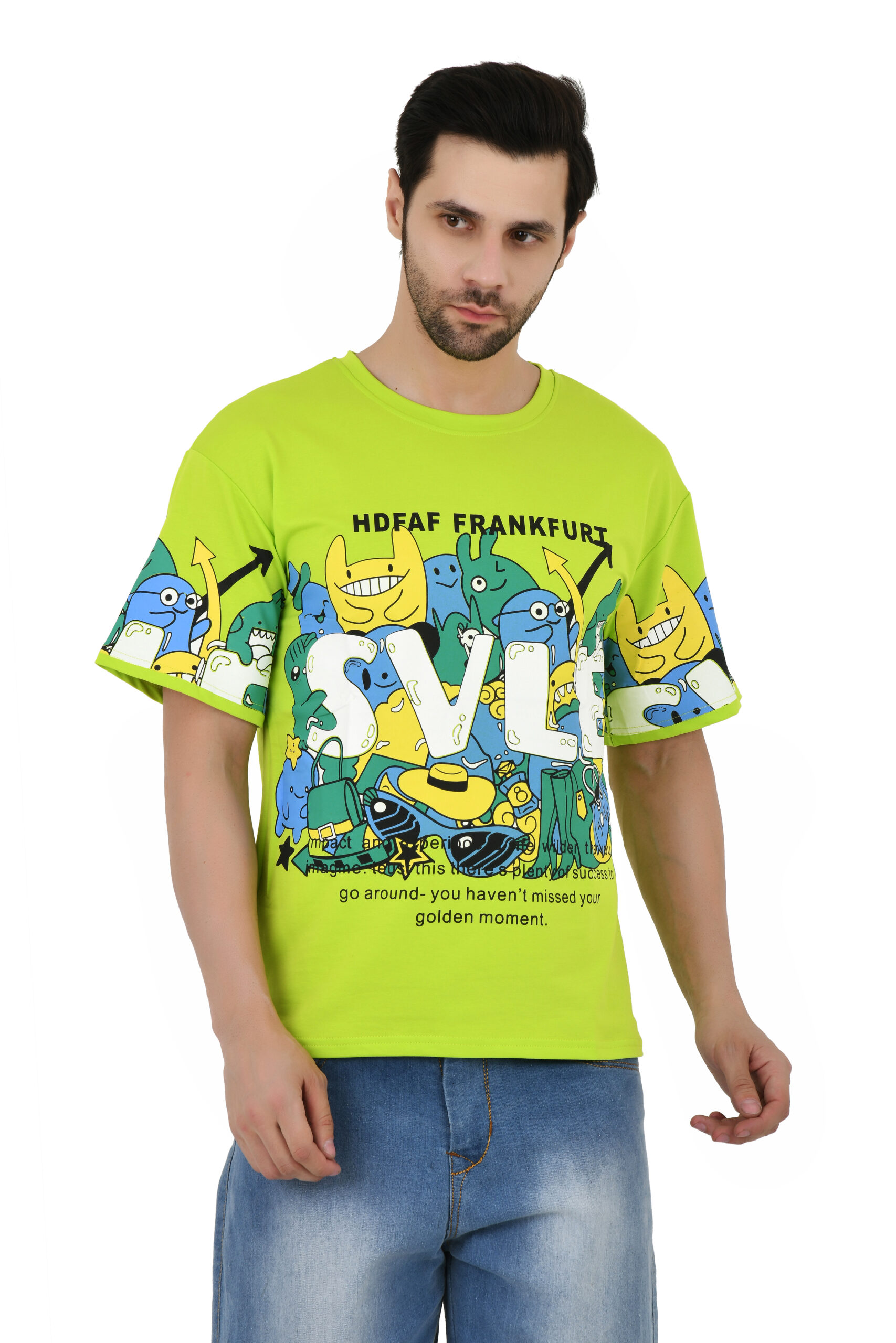 Man Cotton Blend Graphic Print Round Neck Half Sleeve Drop Shoulder Oversized T Shirt