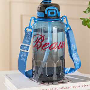 Stylish Beauty 1500ml Water Bottle – Motivational Markings, Straw, & Shoulder Strap for Active Lifestyles Blue