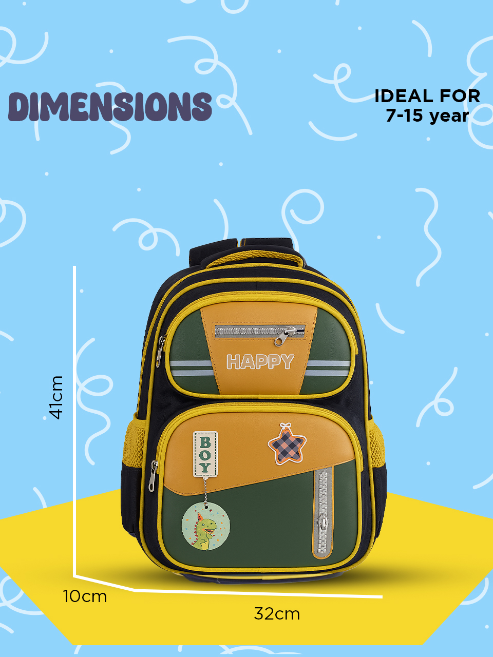 SAGEWARE School Bag for Boys Kids & Girls Backpack for School | Waterproof, Lightweight, Spacious with Multiple Pockets & Durable Zippers for Daily Use (Age of 6-12 years) Yellow - Image 3